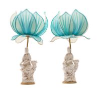 WITHDRAWN LOT A pair of Chinese blanc de chine table lamps in the form of Guanyin holding a ruyi