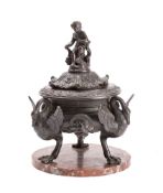 A 19th century bronze vase and cover, the foliate decorated domed top surmounted by a seated putto,