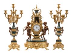 Franz Hermle, Imperial, a reproduction gilt-metal and marble clock garniture,