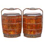 A pair of Chinese wedding boxes and covers of octagonal outline, with two lift-off sections,