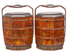 A pair of Chinese wedding boxes and covers of octagonal outline, with two lift-off sections,