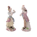 A pair of Bow figures of the New Dancers the boy and girl modelled in dancing pose,