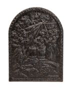 A cast iron fireback of arched outline,