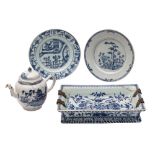 A group of Chinese blue and white porcelain comprising a rectangular tray painted with peony and