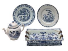 A group of Chinese blue and white porcelain comprising a rectangular tray painted with peony and