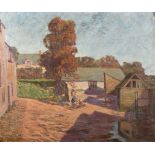 British School (20th century) A country courtyard with a woman feeding chickens oil on canvas 63 x
