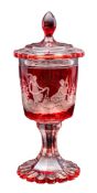 A Bohemian ruby flashed glass goblet and cover on octagonal stem and foot,