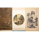 Two Chinese scroll paintings of mountainous landscapes,