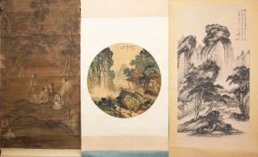 Two Chinese scroll paintings of mountainous landscapes,