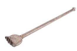 An Indian steel and damascened back scratcher in the form of a hand on a steel shaft with coned