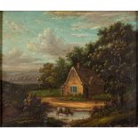 English School (19th century) Landscape with cow watering and cottage beyond oil on copper 13 x