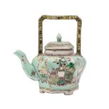 A Chinese famille verte biscuit 'Hundred Antiques' teapot and cover of hexagonal bombe form with