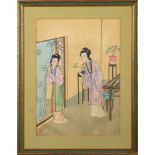 A Chinese gouache depicting two courtesans in an interior, 34.5 x 24.5cm.