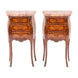 A pair of kingwood and tulipwood and marble mounted petite commodes in Louis XV taste,