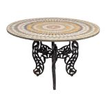 A Continental pietre dure inset marble and wrought iron mounted centre table,
