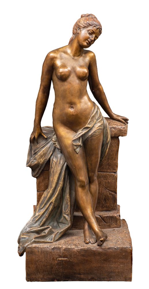 A large Goldscheider Art Nouveau bronzed earthenware figure in the form of a semi-naked girl - Image 2 of 2