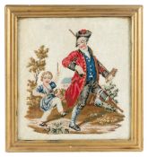 A 19th century woolwork picture of a veteran soldier with peg leg marching with a young boy who is