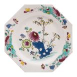 A Bow octagonal plate painted in 'Chinese' famille rose enamels with pierced rockwork,