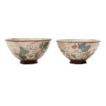 A pair of Japanese contemporary pottery bowls, with floral decoration, seal marks to base,