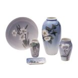 A group of five pieces of Royal Copenhagen porcelain, comprising three vases,