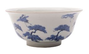 A Japanese Arita blue and white 'Cranes' bowl with flared rim,