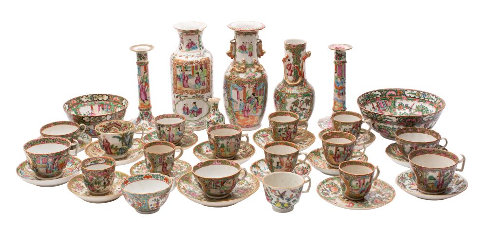A mixed lot of Chinese Canton famille rose porcelain including a pair of candlesticks, four vases,
