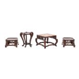 A group of four Chinese and other stands comprising a square section stand with inset marble top,