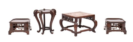 A group of four Chinese and other stands comprising a square section stand with inset marble top,