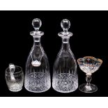 A mixed lot of glassware comprising a pair of Tudor cut glass decanters and stoppers, modern,