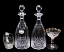 A mixed lot of glassware comprising a pair of Tudor cut glass decanters and stoppers, modern,