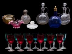 A mixed quantity of glassware comprising two clear and one blue claret flask of flattened oviform,