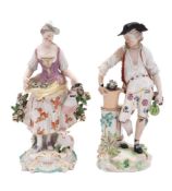 A Derby bocage figure of a shepherdess and a similar figure of a gardener,