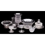 A mixed group of glassware comprising a wrythen lobed and cut confiture, cover and stand,