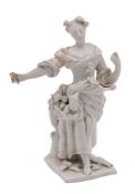 An early Bow white figure of Flora by the 'Muses Modeller', her right arm extended,