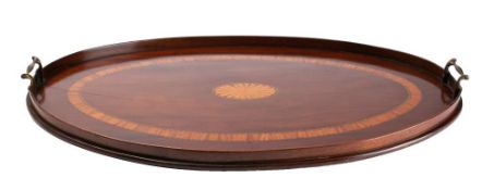 A 19th century mahogany and inlaid oval tray with central inlaid fan medallion,