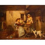 French School (late 19th century) A rustic kitchen interior with two young women,