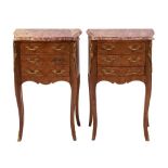 A pair of kingwood and tulipwood and marble mounted petite commodes in Louis XV taste,