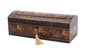 A 19th century Tunbridge ware glove box of rectangular outline with shallow domed hinged lid,