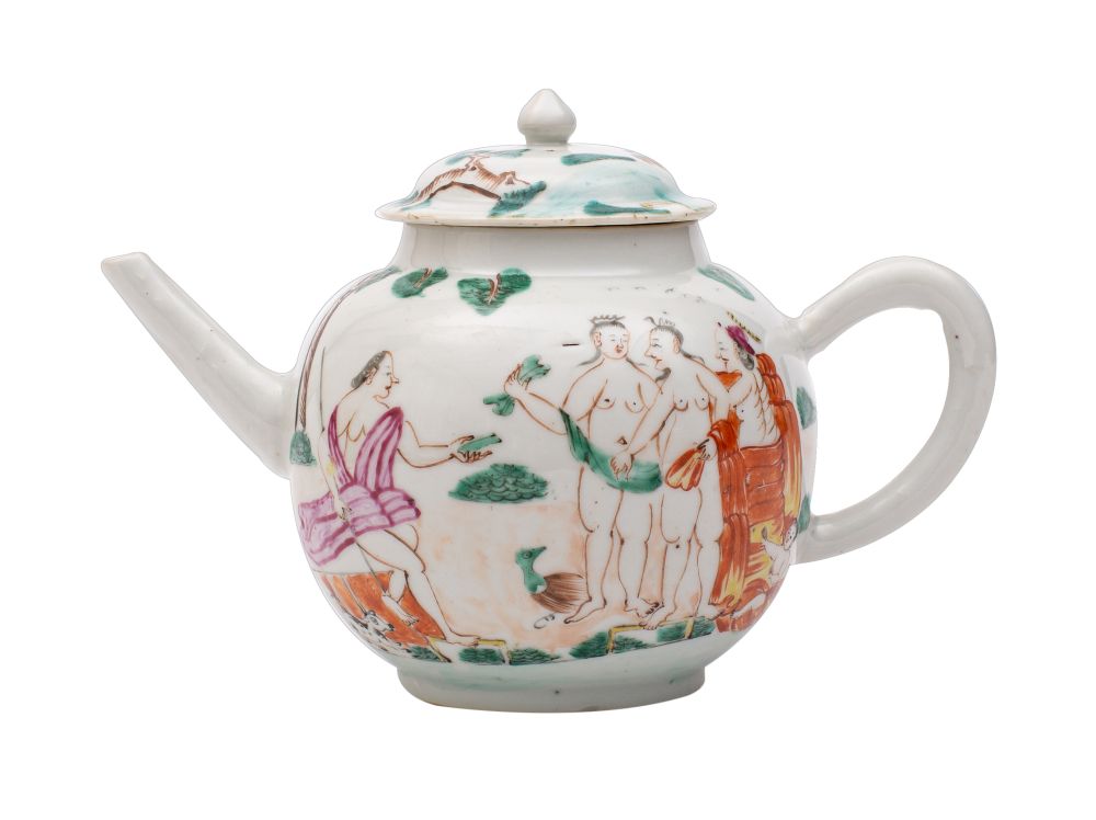 A rare Chinese famille rose 'European subject' teapot and cover painted to both sides with the 'The