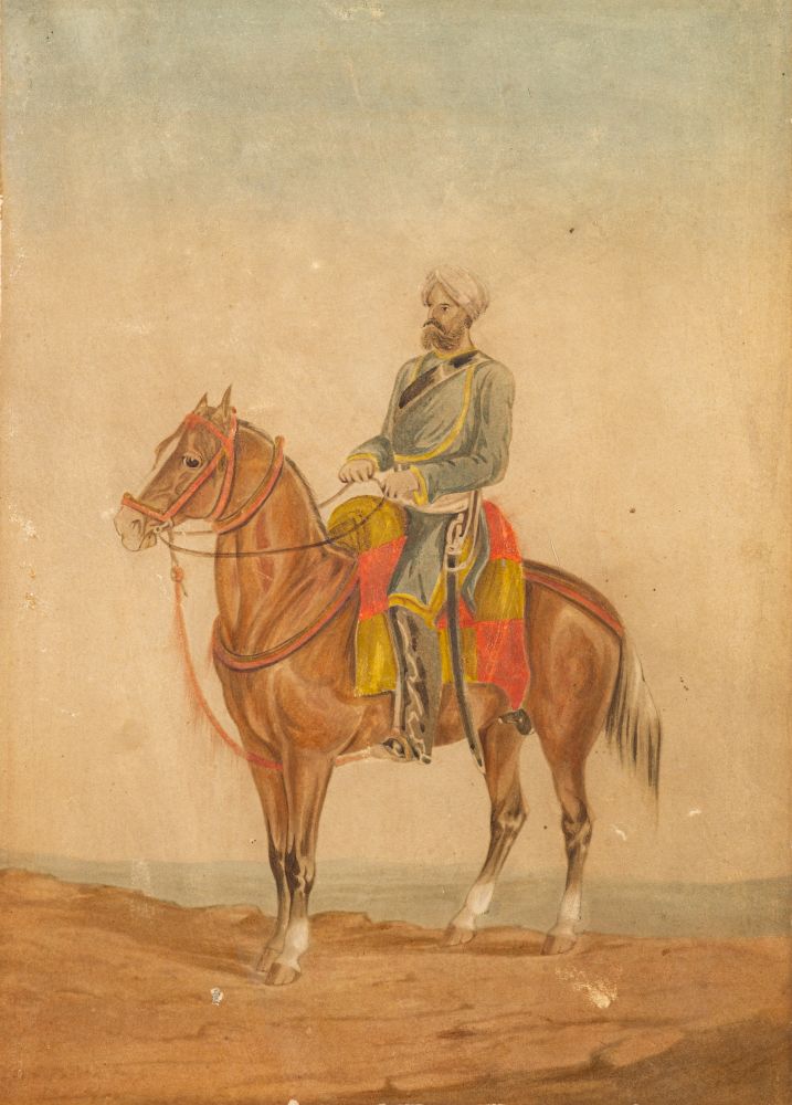 Anglo-Indian School (19th century) Indian Army cavalry soldier, mounted watercolour 27 x 19cm,