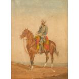 Anglo-Indian School (19th century) Indian Army cavalry soldier, mounted watercolour 27 x 19cm,