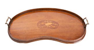 An Edwardian mahogany and inlaid tray of kidney-shaped outline,