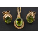 A 9ct gold, oval, mixed-cut peridot pendant and pair of ear studs,