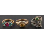 Three gemset rings, including a foil backed citrine and seed pearl cluster ring,
