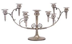A silver plated six-branch epergne inscribed,