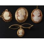 Four shell cameos depicting a lady in profile, including three brooches and a pendant,