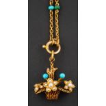 A turquoise, cultured and seed pearl giardinetti pendant,