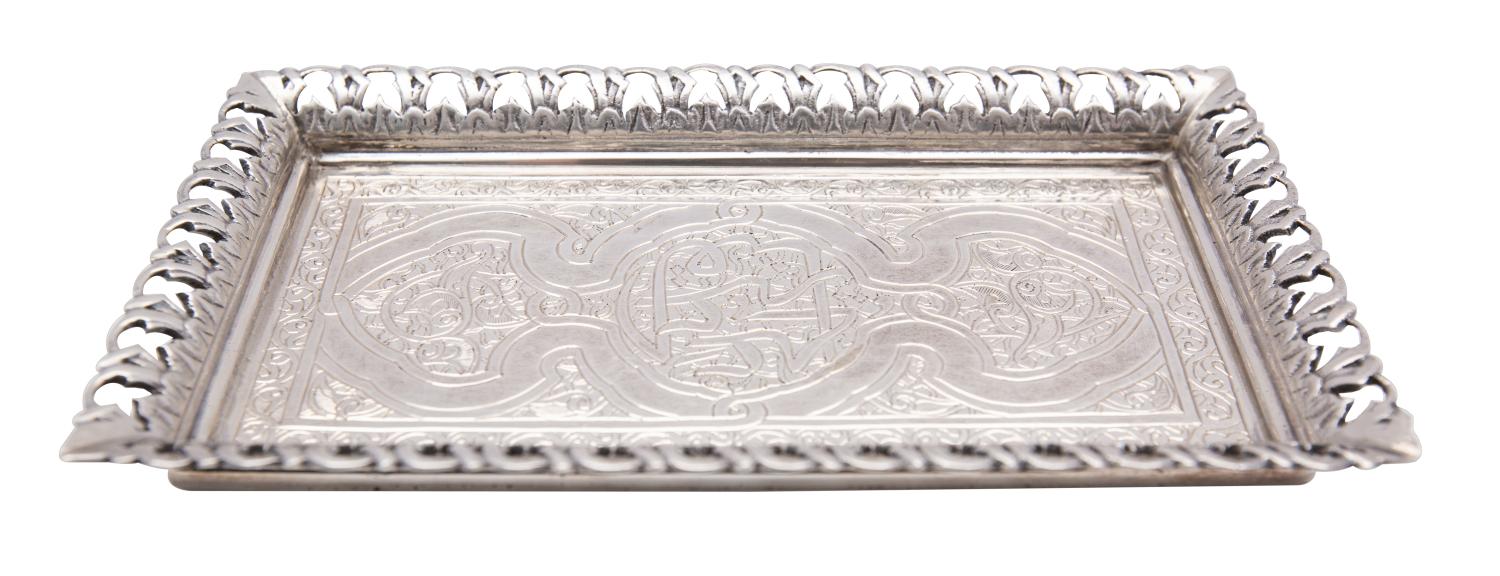 An Egyptian silver pin tray stamped marks of rectangular outline,