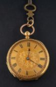 A late 19th century, 18ct gold, key wind, pocket watch, with cylinder escapement movement,