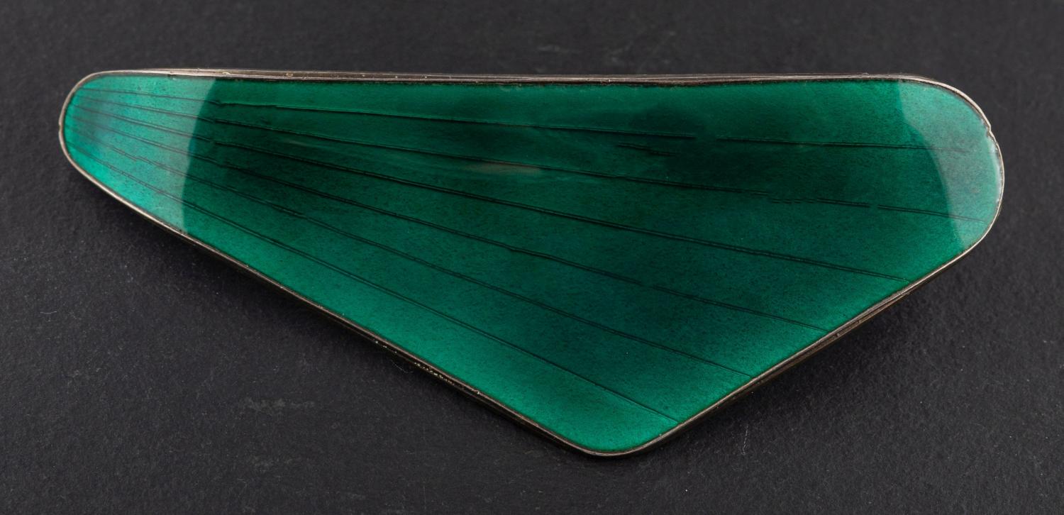 Oystein Balle, Norway, a silver and green enamel leaf-shaped brooch, total length ca. 6.